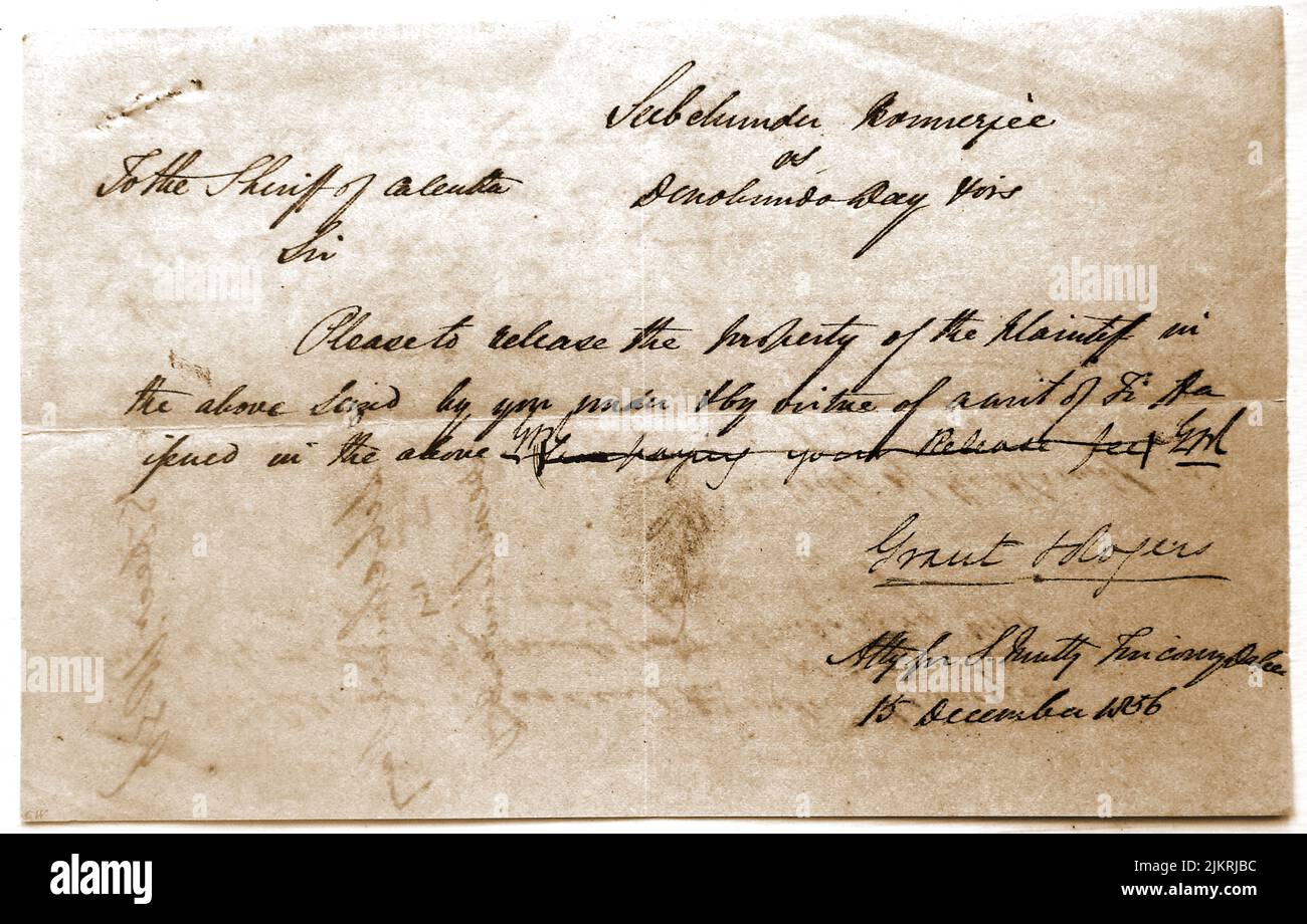 East India Company. Une brève note du sous-traitant au shérif de Calcutta (Kolkata), Inde, demandant la mainlevée des marchandises saisies, datée du 15th décembre 1856. À l'époque, le shérif de Calcutta était le chef du pouvoir judiciaire et responsable de la fourniture de jurés, de la garde en sécurité des prisonniers et de la saisie des marchandises. Le shérif à cette époque était probablement le major James McKilligin (1803-1862) qui mourut à Calcutta. Il a hérité de biens considérables à Banff, mais il a consacré tous les revenus, moins les dépenses, aux pauvres de Banff.ईस्ट इंडिया कंपनी । कलकत्ता के शेरिफ, (कोलकाता) का एक छोटा नोट Banque D'Images