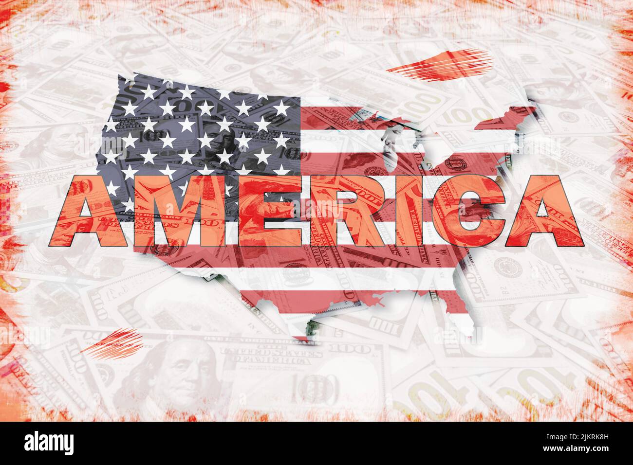 Illustrations représentant le territoire des États-Unis dans les couleurs du drapeau national sur le fond des billets Banque D'Images
