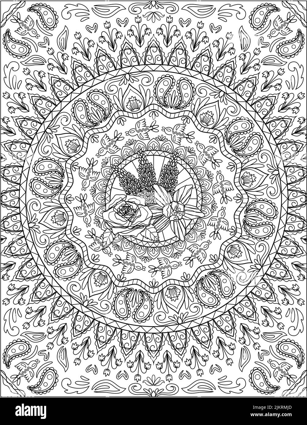 Fleurs à l'intérieur de motifs circulaires ornés avec des éléments de mandala - idéal pour l'impression, la coloration, le textile, et le papier d'emballage Illustration de Vecteur