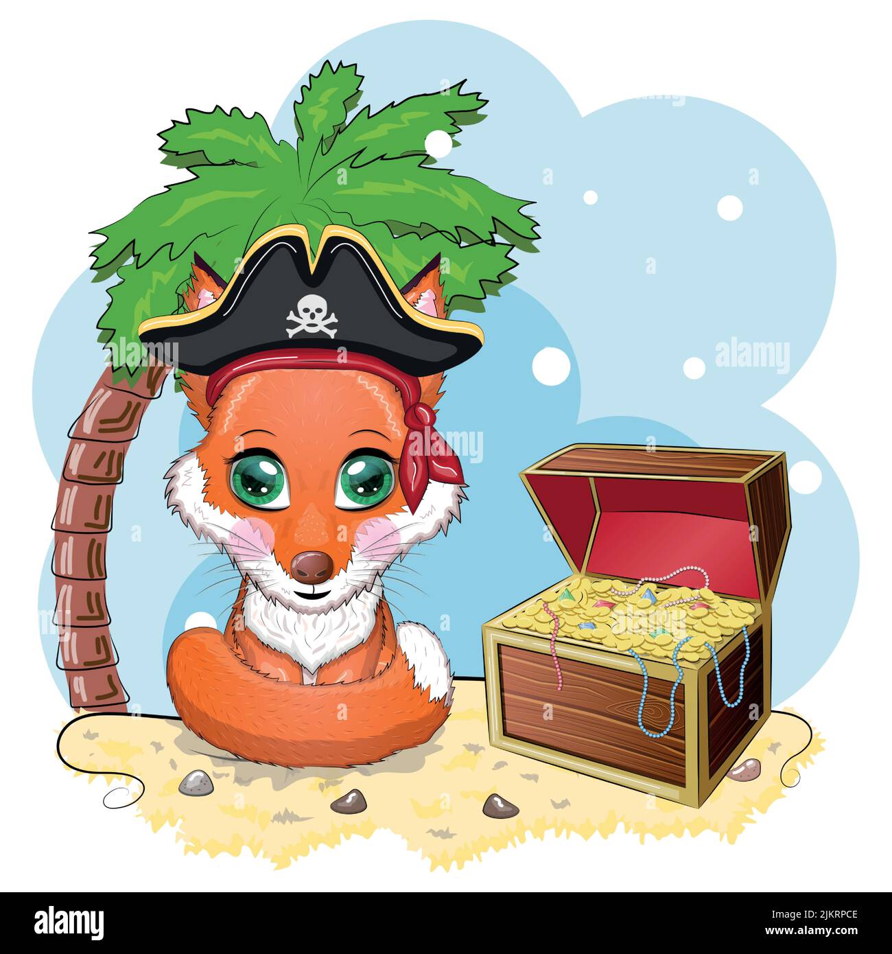 Pirate de renard, personnage de dessin animé du jeu, animal sauvage dans un bandana et un chapeau de coked avec un crâne, avec un patch pour les yeux. Caractère avec yeux lumineux et t Illustration de Vecteur