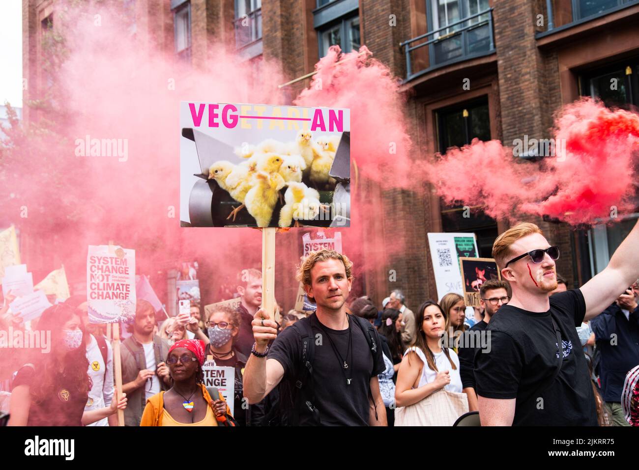 Todd Smith, manifestant vegan, avec écriteau et torchage rose à Animal Rights, mars, Londres, 2021 Banque D'Images