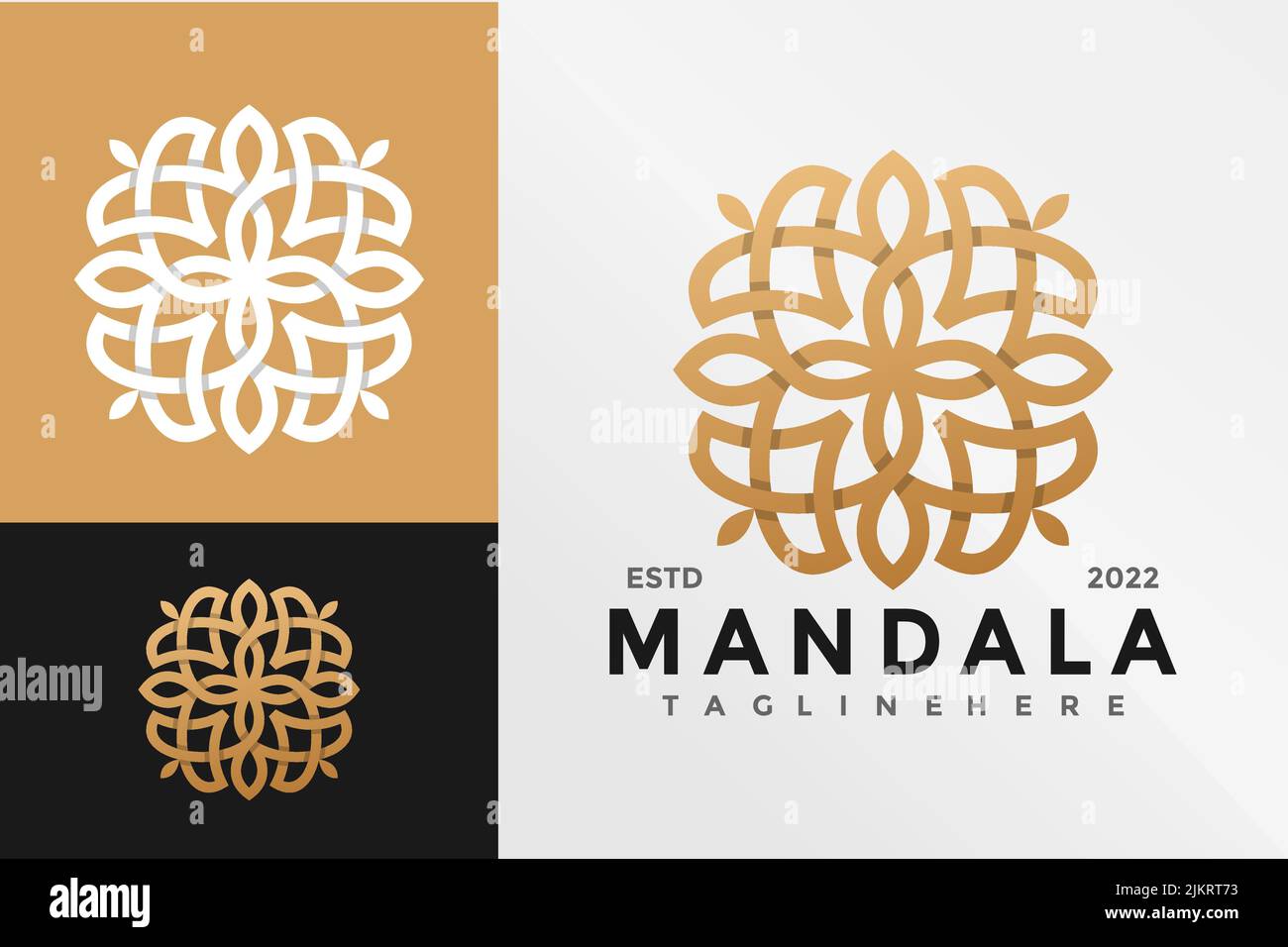 Un dessin d'illustration numérique d'un modèle de logo de la société mandala avec une palette or, blanc, noir Illustration de Vecteur