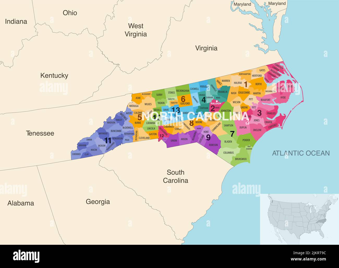Comtés de l'État de Caroline du Nord colorés par carte vectorielle des districts du Congrès avec les États et les terrotories voisins Illustration de Vecteur