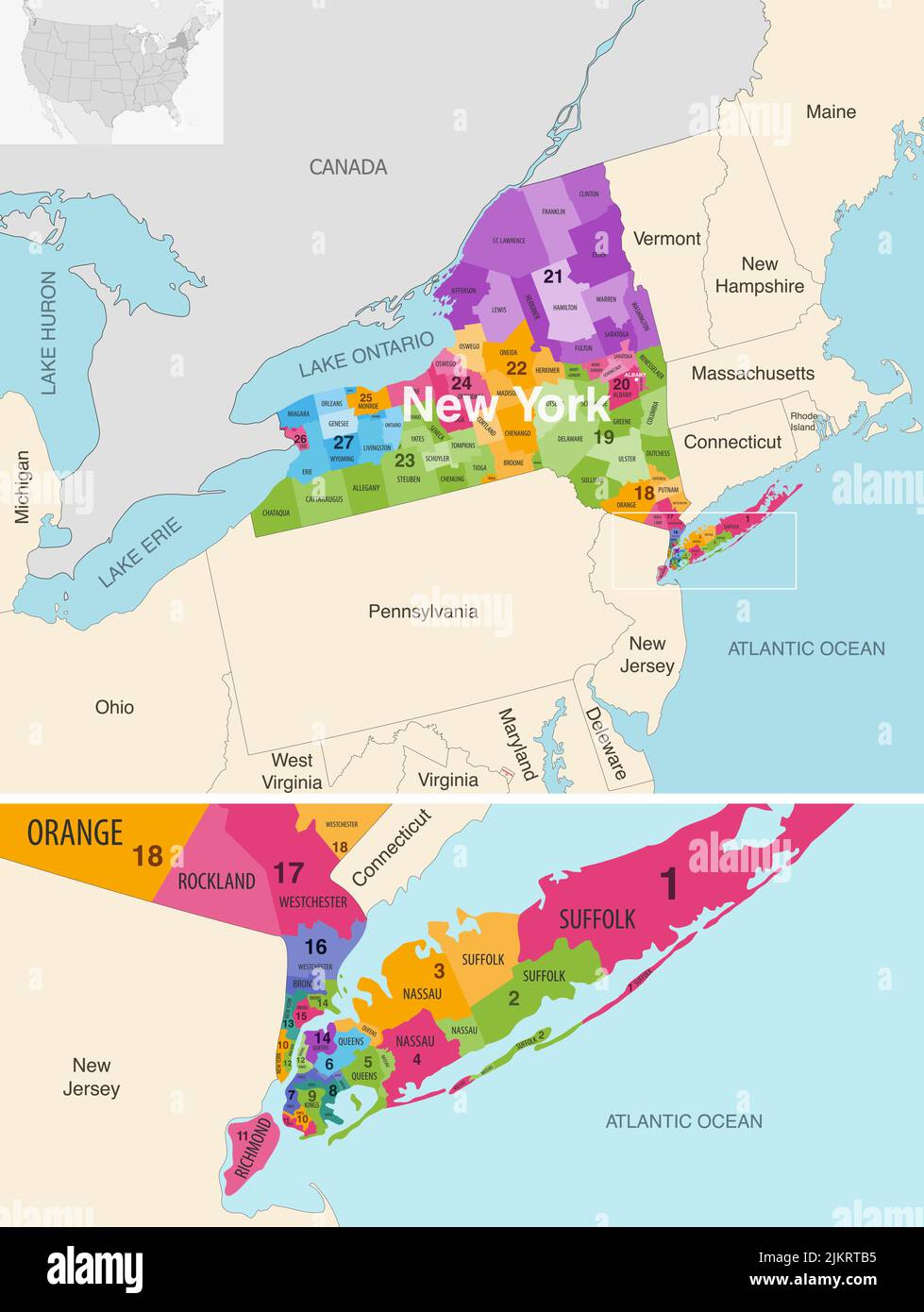 Cartes vectorielles des comtés de l'État de New York colorées par les districts du Congrès avec les États et les régions voisins Illustration de Vecteur