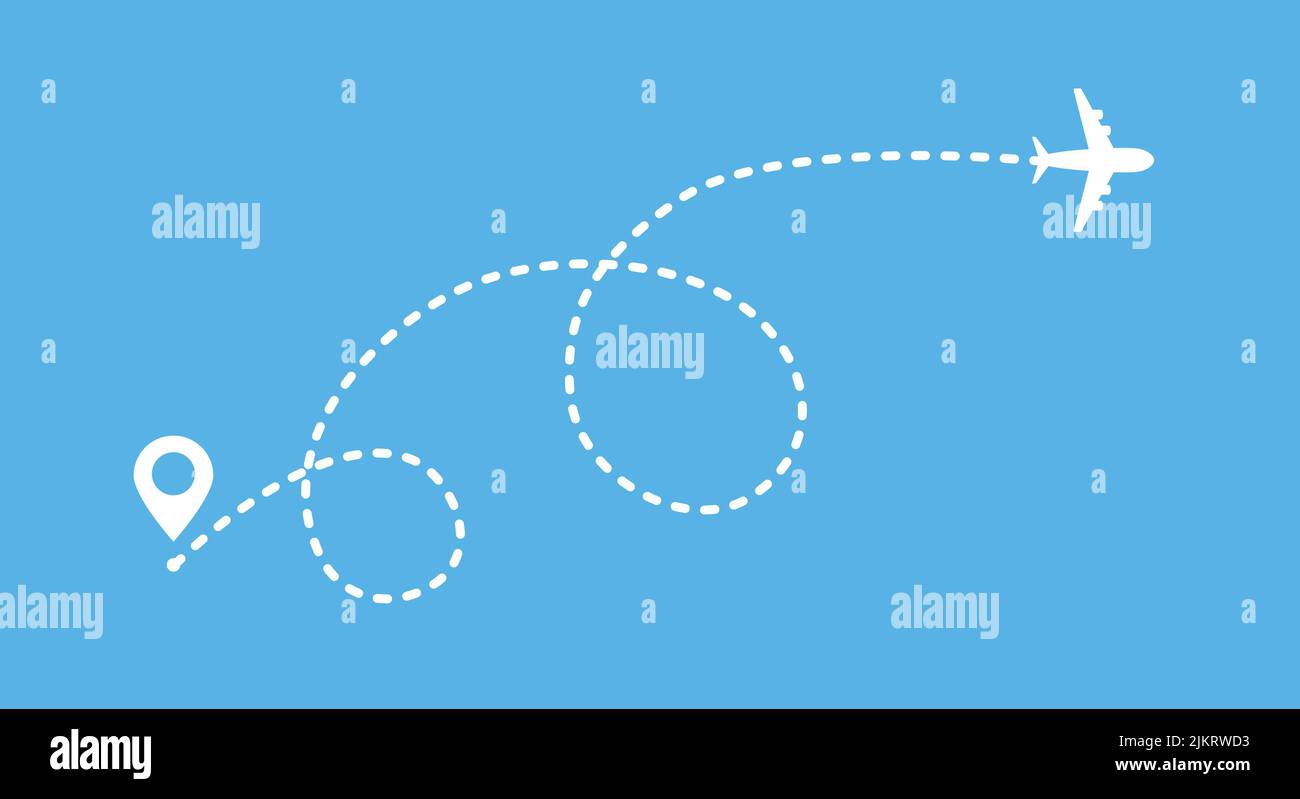 Illustration du vecteur de route de la ligne d'avion. Icône de vecteur de déplacement avec point de départ et tiret Illustration de Vecteur