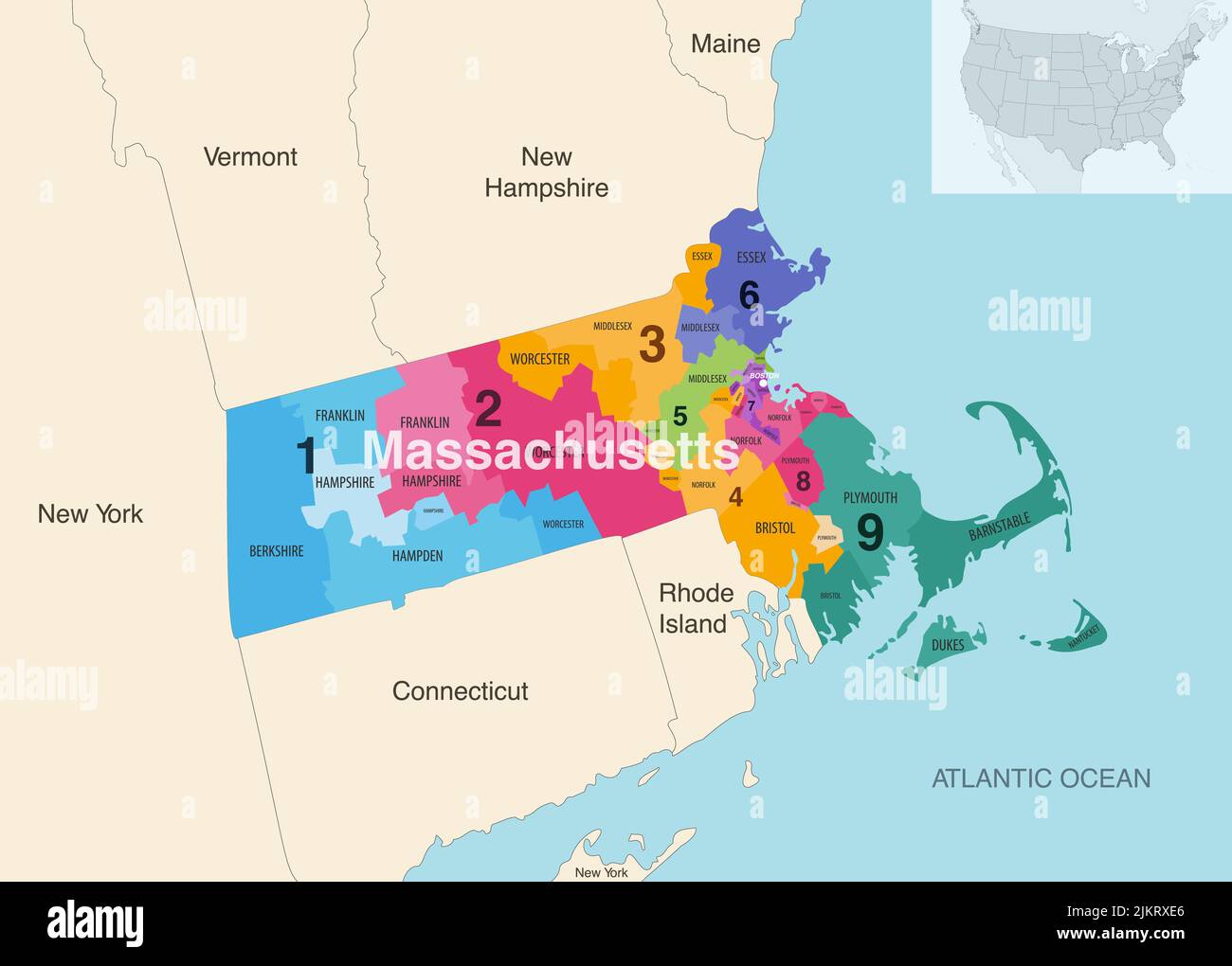 Comtés de l'État du Massachusetts colorés par carte vectorielle des districts du Congrès avec les États et les terrotories voisins Illustration de Vecteur