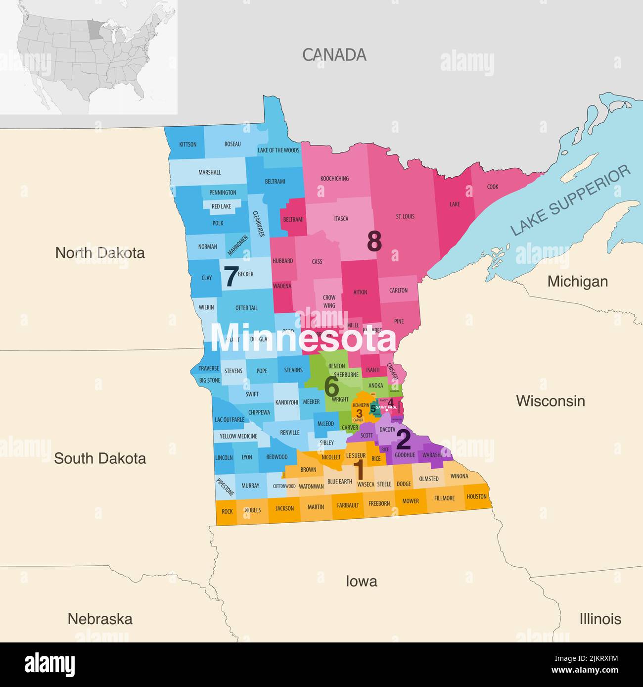 Comtés de l'État du Minnesota colorés par carte vectorielle des districts du Congrès avec les États et les terrotories voisins Illustration de Vecteur