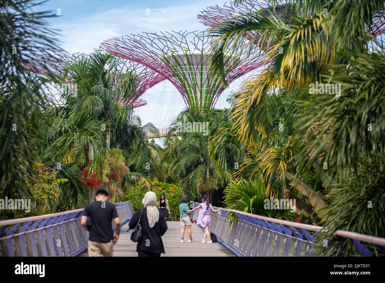 Accès par le pont aux jardins par la baie. Les touristes aiment prendre des photos ici contre le super arbre en arrière-plan. Singapour 2022 Banque D'Images