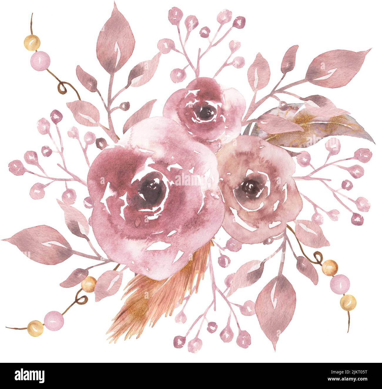 Illustration de bouquet floral aquarelle avec fleurs roses, feuilles et plumes, invitation de mariage, fabrication de cartes, graphiques de douche de bébé Banque D'Images