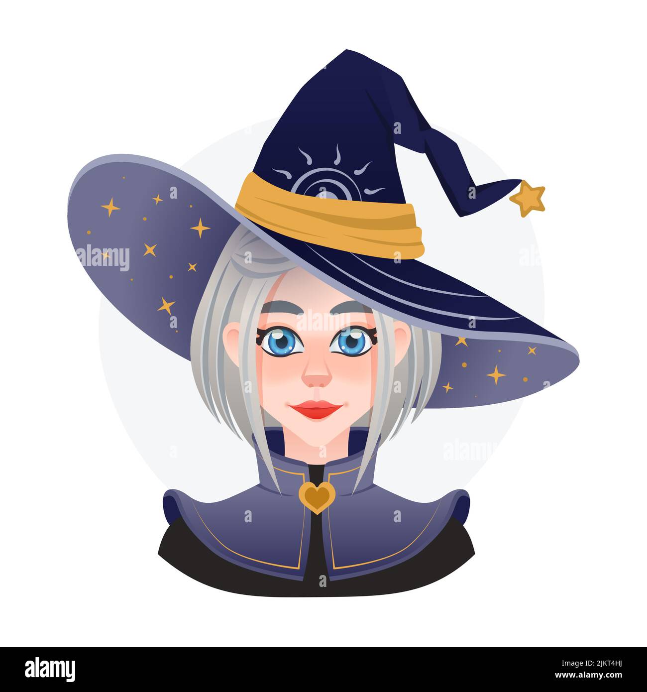 Joli avatar de sorcière stargazer pour le jeu ou la publicité. Halloween magicienne fille avec grand chapeau avec l'espace. Robe ancienne Illustration de Vecteur