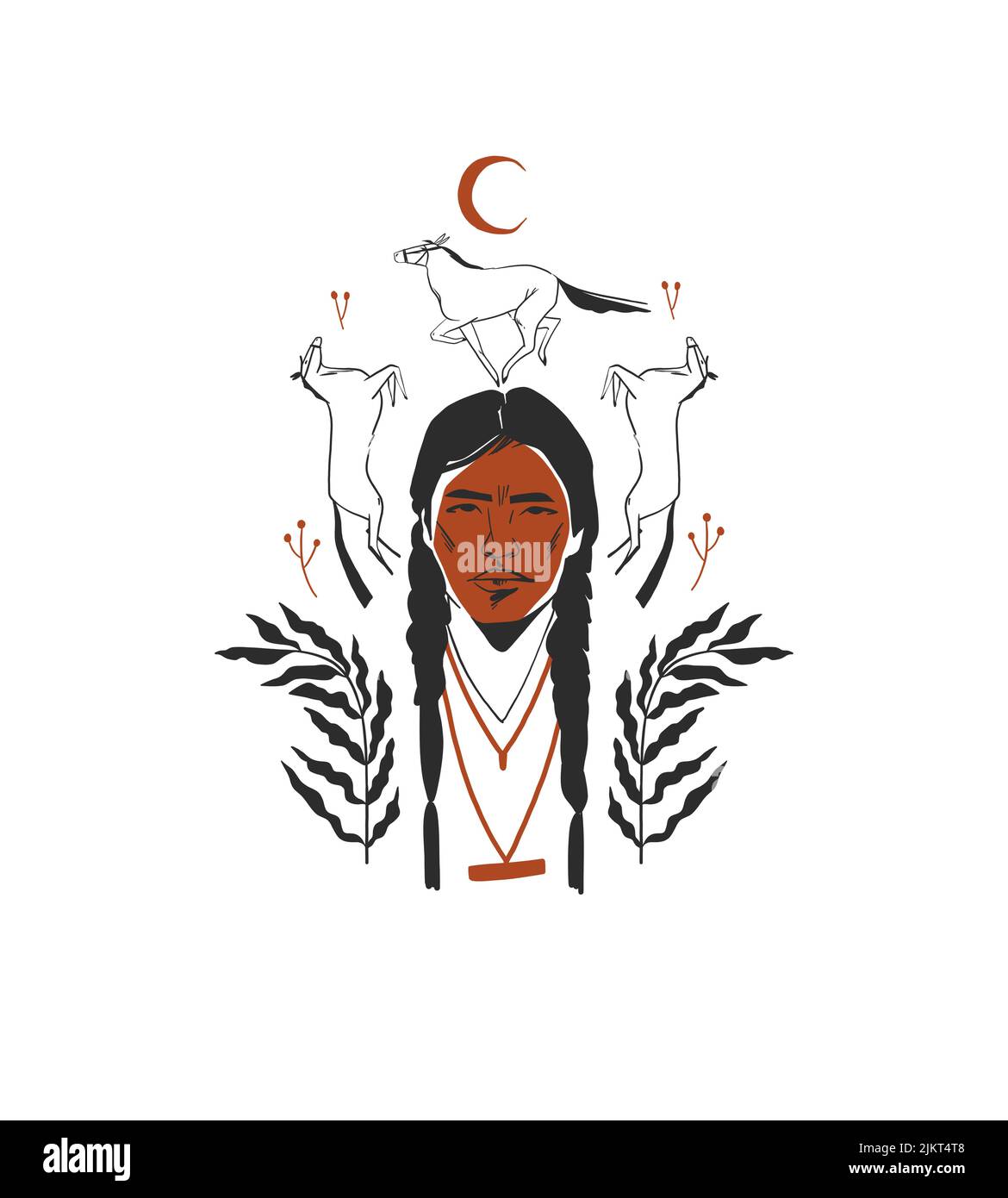 Dessin à la main vecteur graphique clipart illustration boho indian man composition portrait.Western design concept.Bohemian sauvage ouest contemporain Illustration de Vecteur