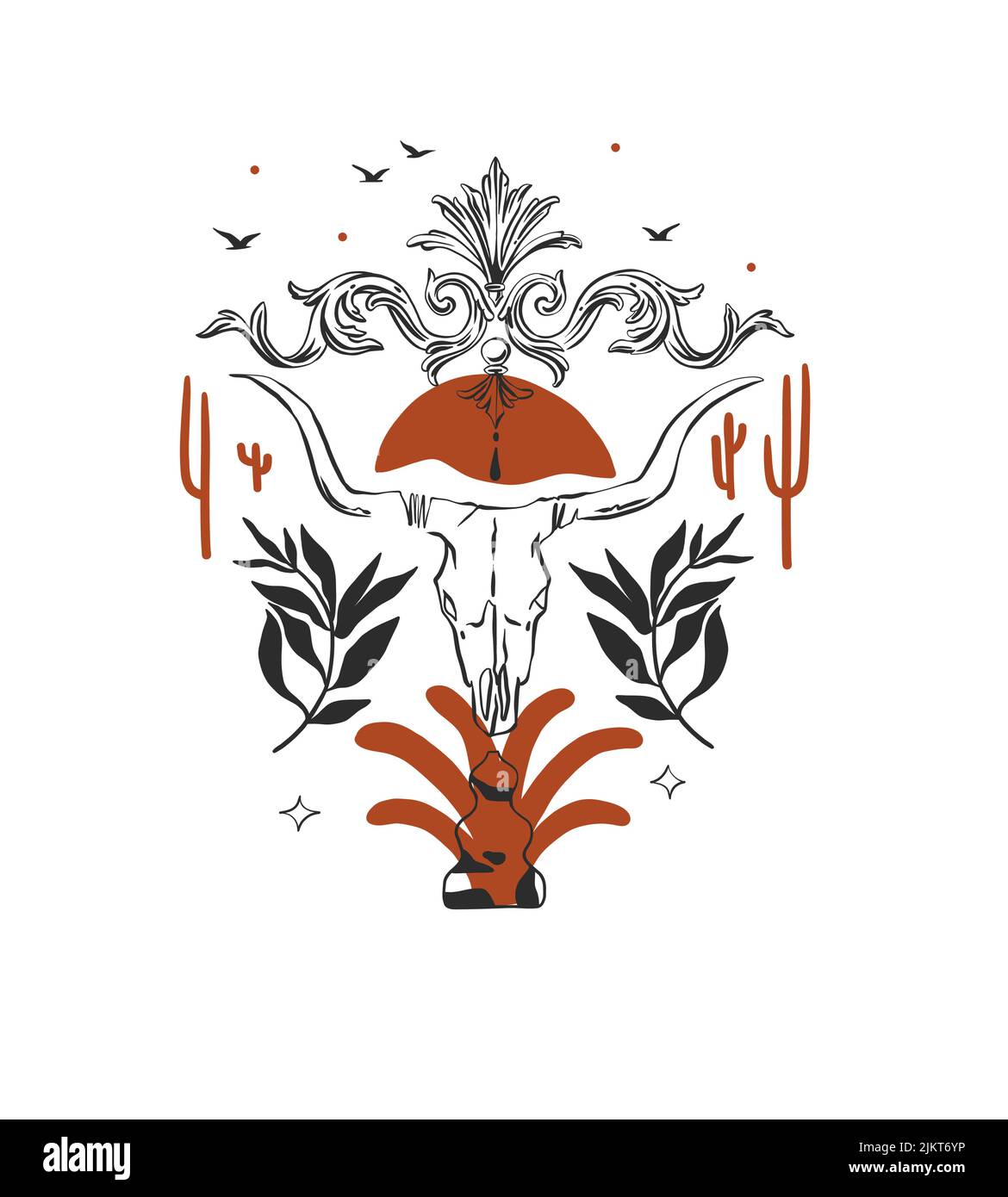 Dessin à la main vecteur graphique clipart illustration boho crâne de taureau composition.Wild Western design concept.Bohemian Wild West art contemporain Illustration de Vecteur