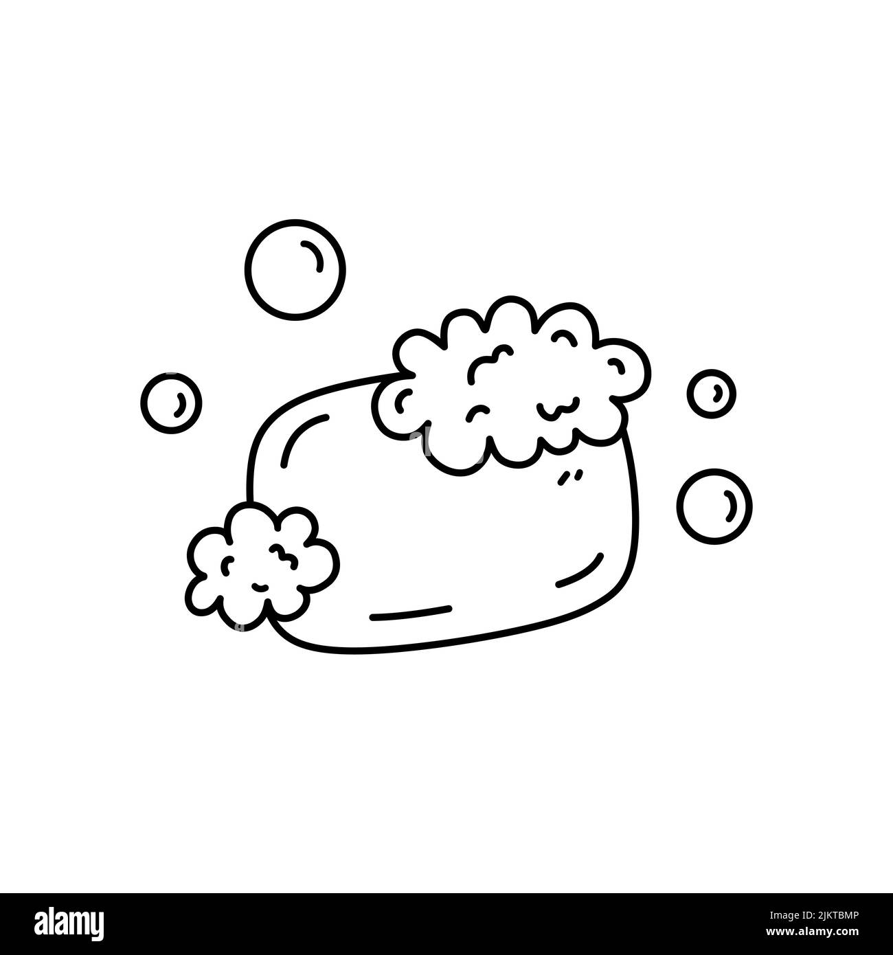 Savon avec mousse et bulles isolées sur fond blanc. Un produit de lavage corporel et d'hygiène personnelle. Illustration vectorielle dessinée à la main, style doodle. Par Illustration de Vecteur