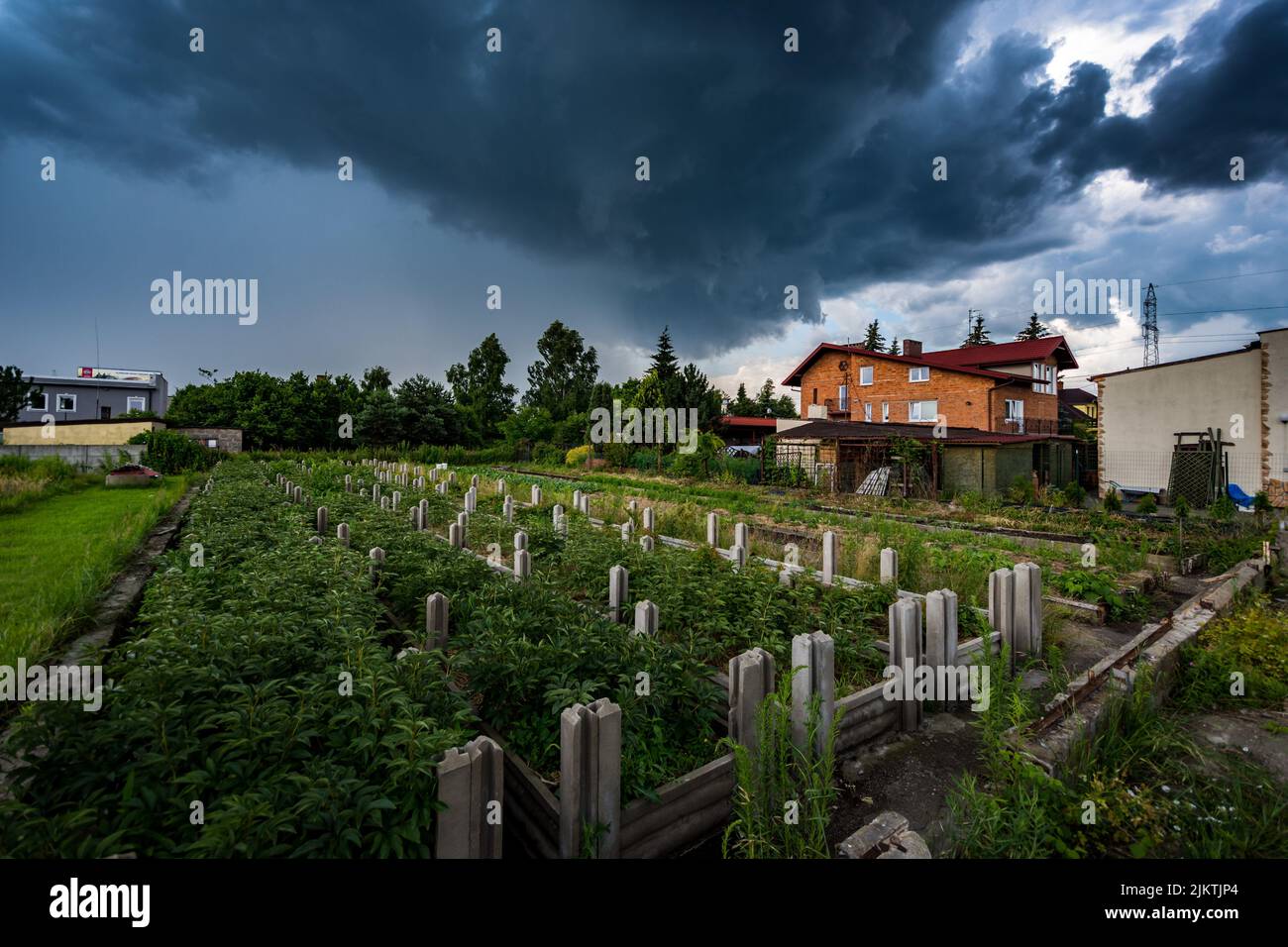 Une maison et son jardin avec des segments séparés entourés d'arbres sous un ciel sombre et nuageux Banque D'Images