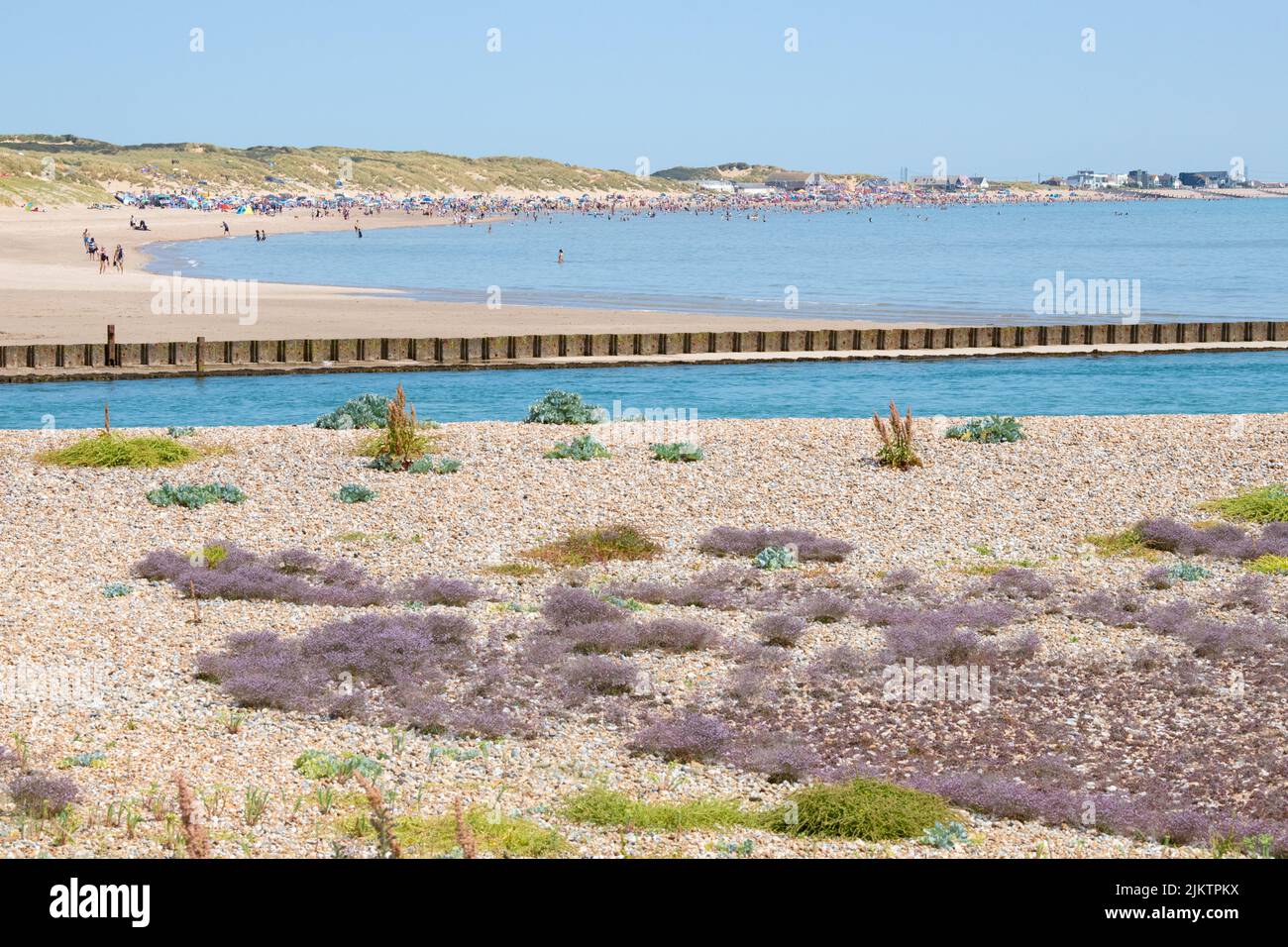 Camber Sands en été, vue de l'autre côté de la rivière Rother depuis la réserve naturelle de Rye Harbour, Rye, Sussex, Angleterre, Royaume-Uni Banque D'Images