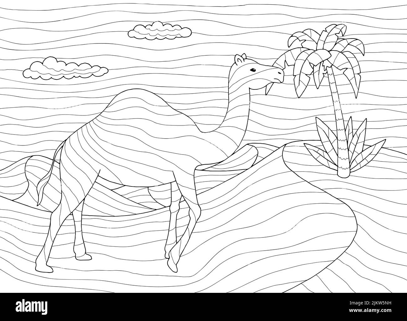 Camel coloring Desert graphique noir blanc paysage dessin illustration vecteur Illustration de Vecteur
