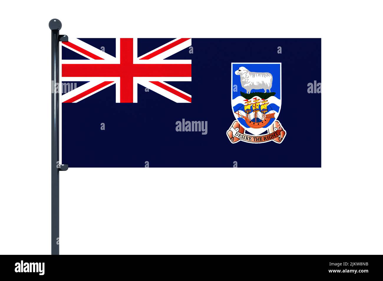 3D illustration du drapeau des îles Falkland (Malvinas) avec mât de drapeau chromé avec crochets à pression dans le ciel bleu droit. Fond blanc via un canal alpha Banque D'Images