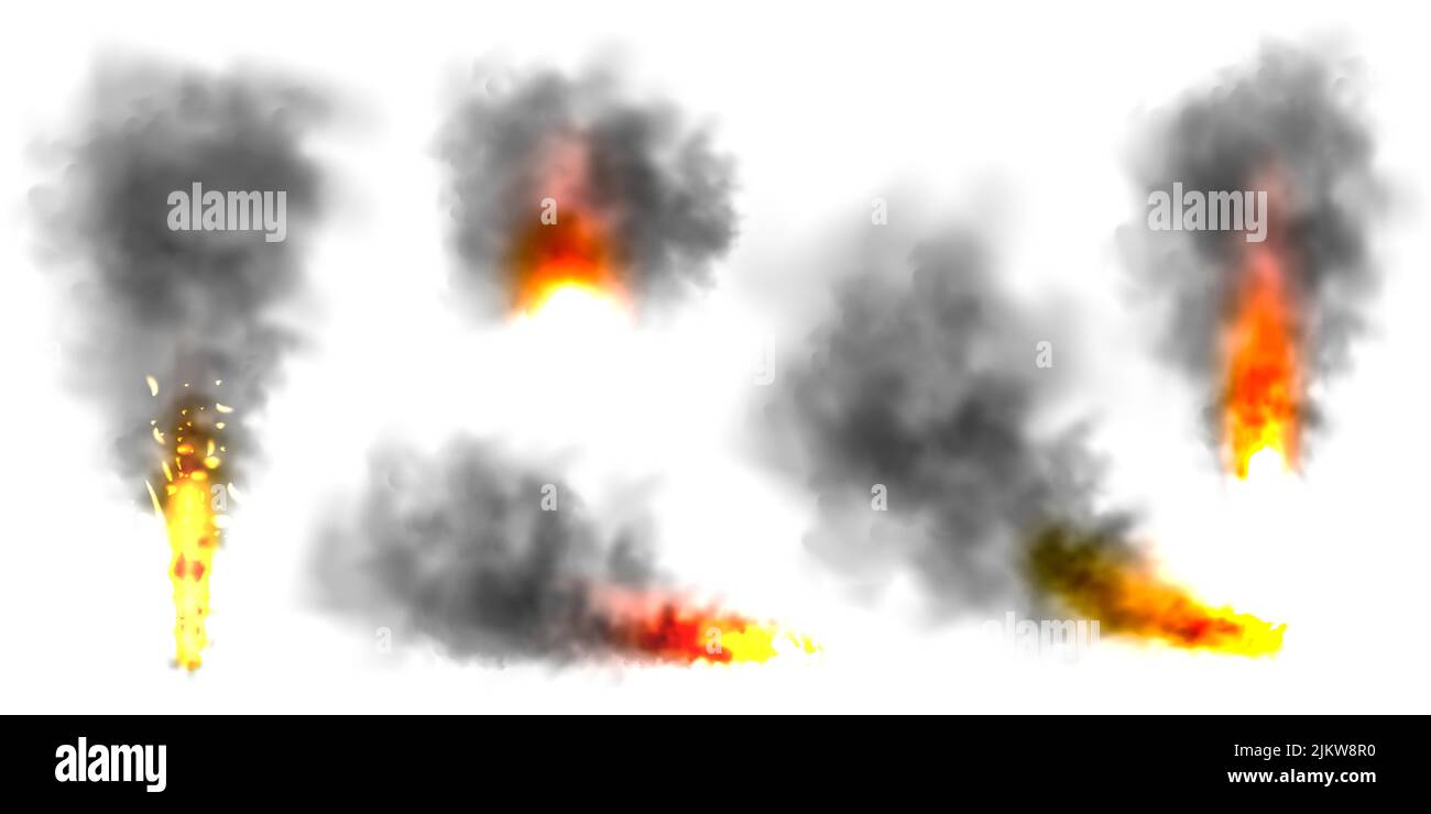 Fumée réaliste noire, nuages de poussière isolés sur fond blanc. Pollution par le smog ou le brouillard sale. Pollution de l'air, effet de brume. Fumée provenant d'un incendie ou d'une explosion Illustration de Vecteur
