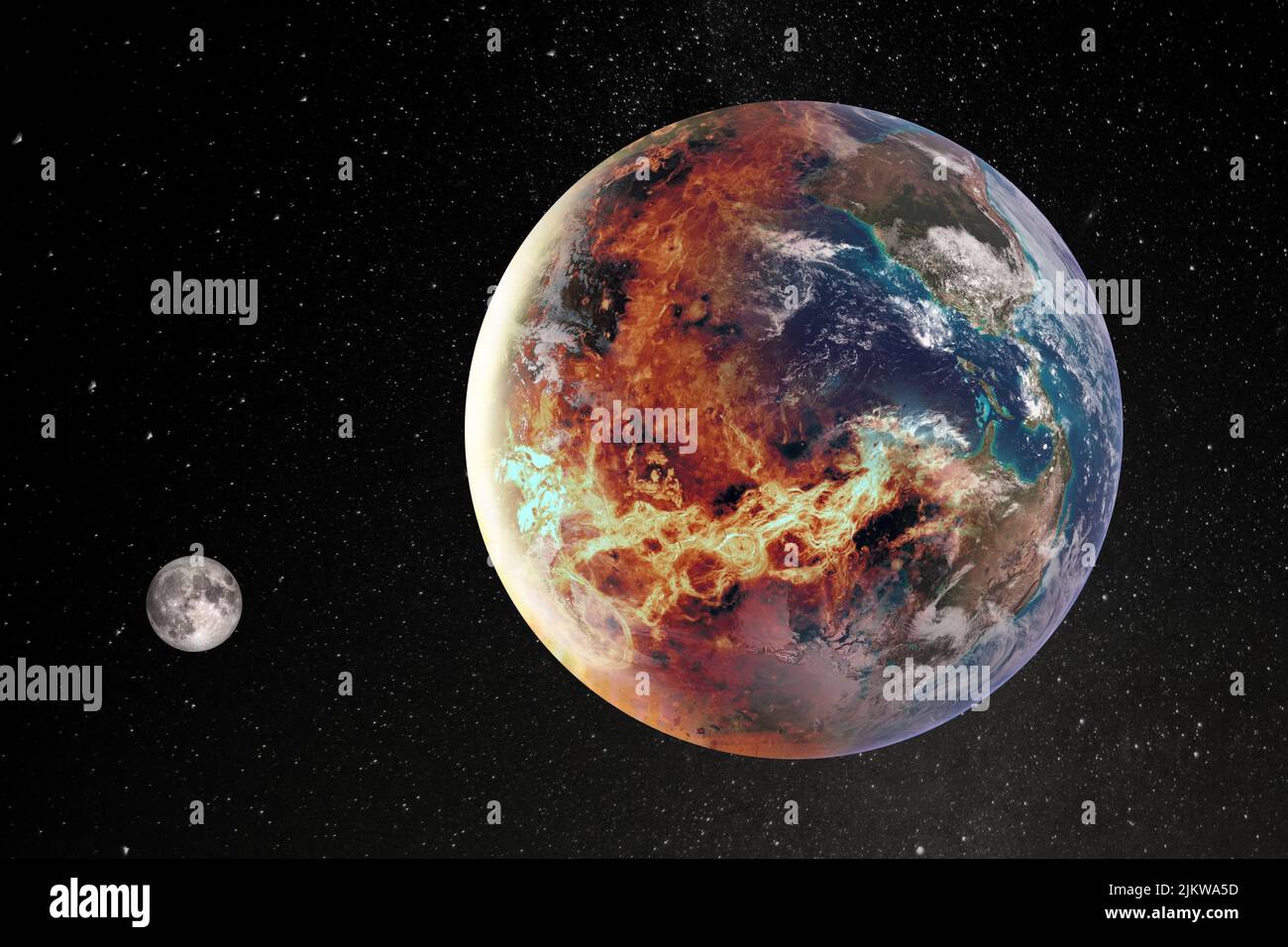 Concept de réchauffement de la planète et d'extinction massive - la moitié de la planète Terre en feu. Éléments de cette image fournis par la NASA. Banque D'Images