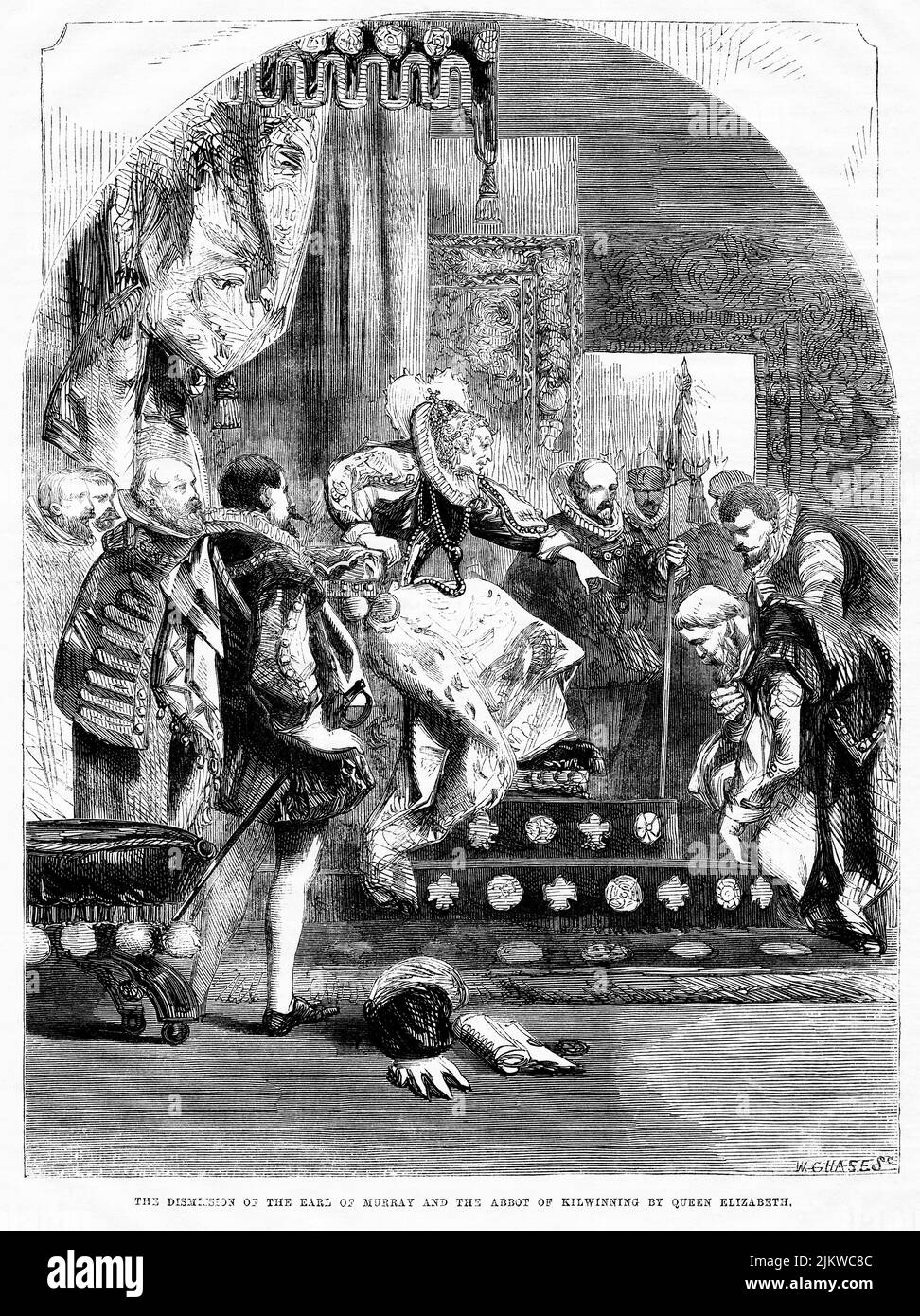 La cession du comte de Murray (Moray) et de l'abbé de Kilwinning par la reine Elizabeth, illustration du livre, « John Cassel's Illustrated History of England, Volume II », texte de William Howitt, Cassell, Petter, et Galpin, Londres, 1858 Banque D'Images