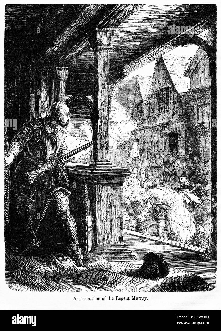 Assassinat du Régent Murray (Moray), illustration du livre, « John Cassel's Illustrated History of England, Volume II », texte de William Howitt, Cassell, Petter et Galpin, Londres, 1858 Banque D'Images