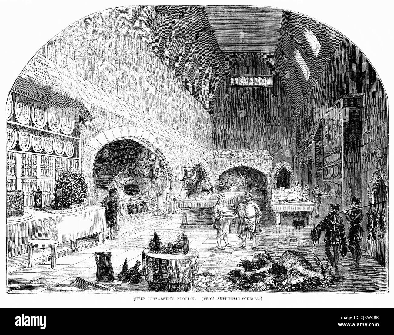 Queen Elizabeth’s Kitchen, Illustration du livre, « John Cassel’s Illustrated History of England, Volume II », texte de William Howitt, Cassell, Petter et Galpin, Londres, 1858 Banque D'Images