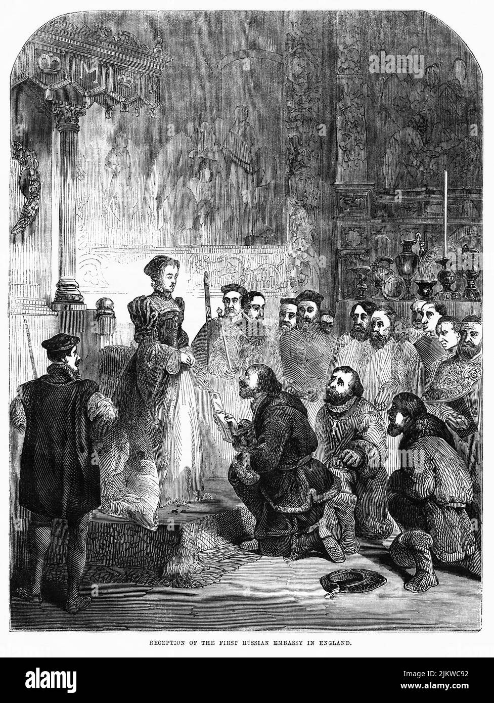Réception de la première ambassade de Russie en Angleterre, illustration du livre, « John Cassel's Illustrated History of England, Volume II », texte de William Howitt, Cassell, Petter et Galpin, Londres, 1858 Banque D'Images