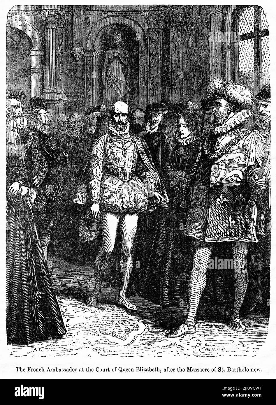 L'ambassadeur de France à la Cour de la reine Elizabeth, après le massacre de Saint Bartholomew, illustration du livre, « John Cassel's Illustrated History of England, Volume II », texte de William Howitt, Cassell, Petter, et Galpin, Londres, 1858 Banque D'Images