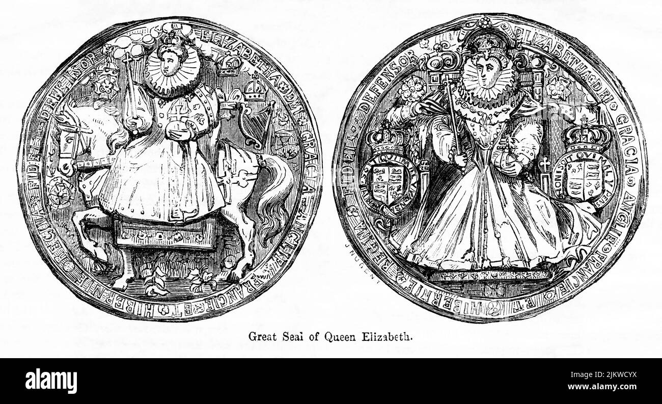 Grand Sceau de la reine Elizabeth, illustration du livre, « John Cassel's Illustrated History of England, Volume II », texte de William Howitt, Cassell, Petter, et Galpin, Londres, 1858 Banque D'Images