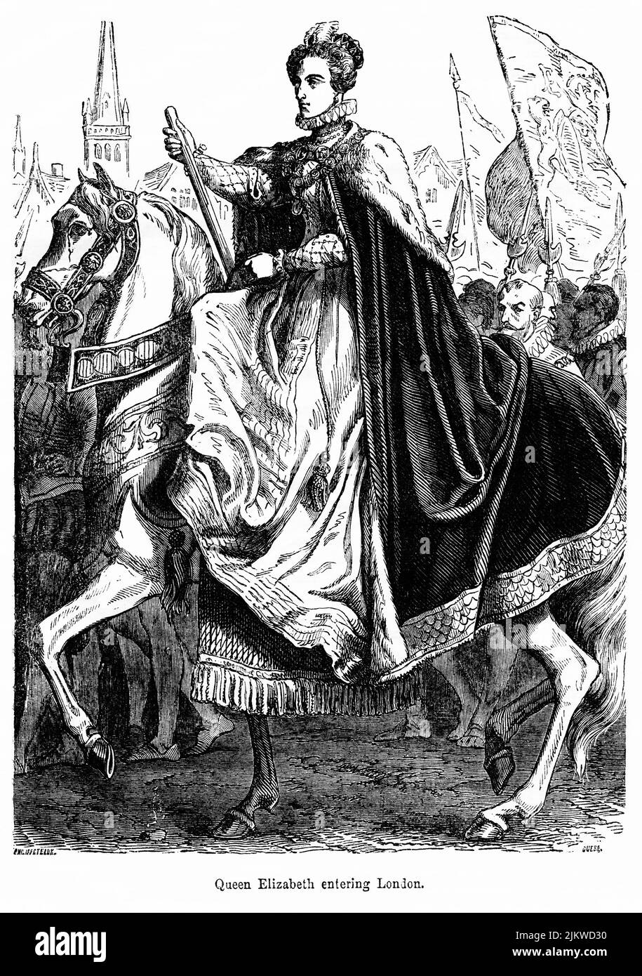 La reine Elizabeth entrant à Londres, illustration du livre, « John Cassel's Illustrated History of England, Volume II », texte de William Howitt, Cassell, Petter, et Galpin, Londres, 1858 Banque D'Images