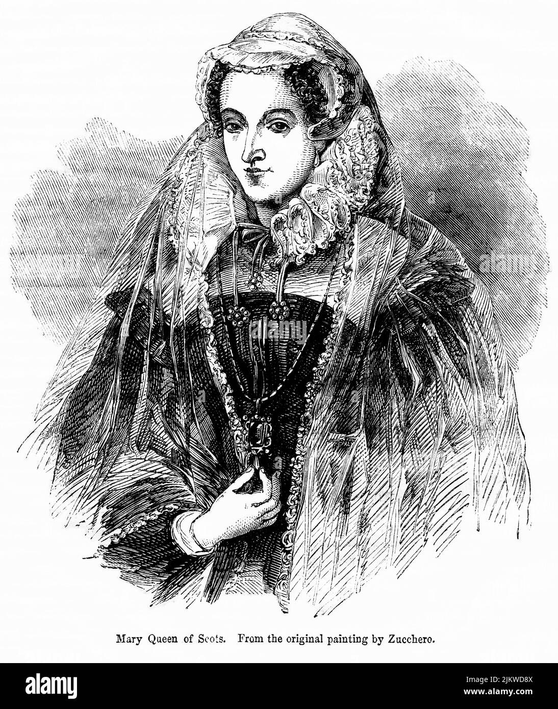 Mary Reine des Écossais. D'après la peinture originale de Zucchero, Illustration du livre, « John Cassel's Illustrated History of England, Volume II », texte de William Howitt, Cassell, Petter, et Galpin, Londres, 1858 Banque D'Images