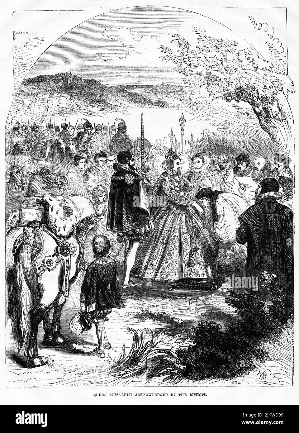 La reine Elizabeth est reconnue par les évêques, illustration du livre, « John Cassel's Illustrated History of England, Volume II », texte de William Howitt, Cassell, Petter, et Galpin, Londres, 1858 Banque D'Images