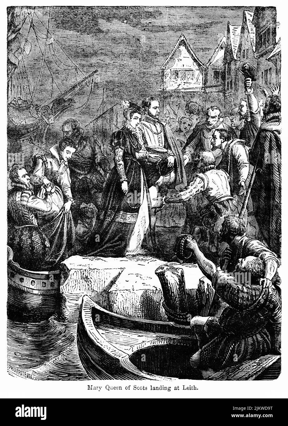 Mary Queen of Scots débarquant à Leith, illustration du livre, « John Cassel's Illustrated History of England, Volume II », texte de William Howitt, Cassell, Petter et Galpin, Londres, 1858 Banque D'Images