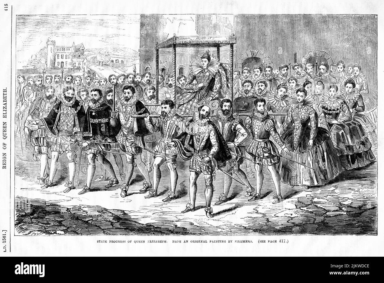 État de progrès de la reine Elizabeth. D'un tableau original de Zucchero, Illustration du livre, "John Cassel's Illustrated History of England, Volume II", texte de William Howitt, Cassell, Petter, et Galpin, Londres, 1858 Banque D'Images