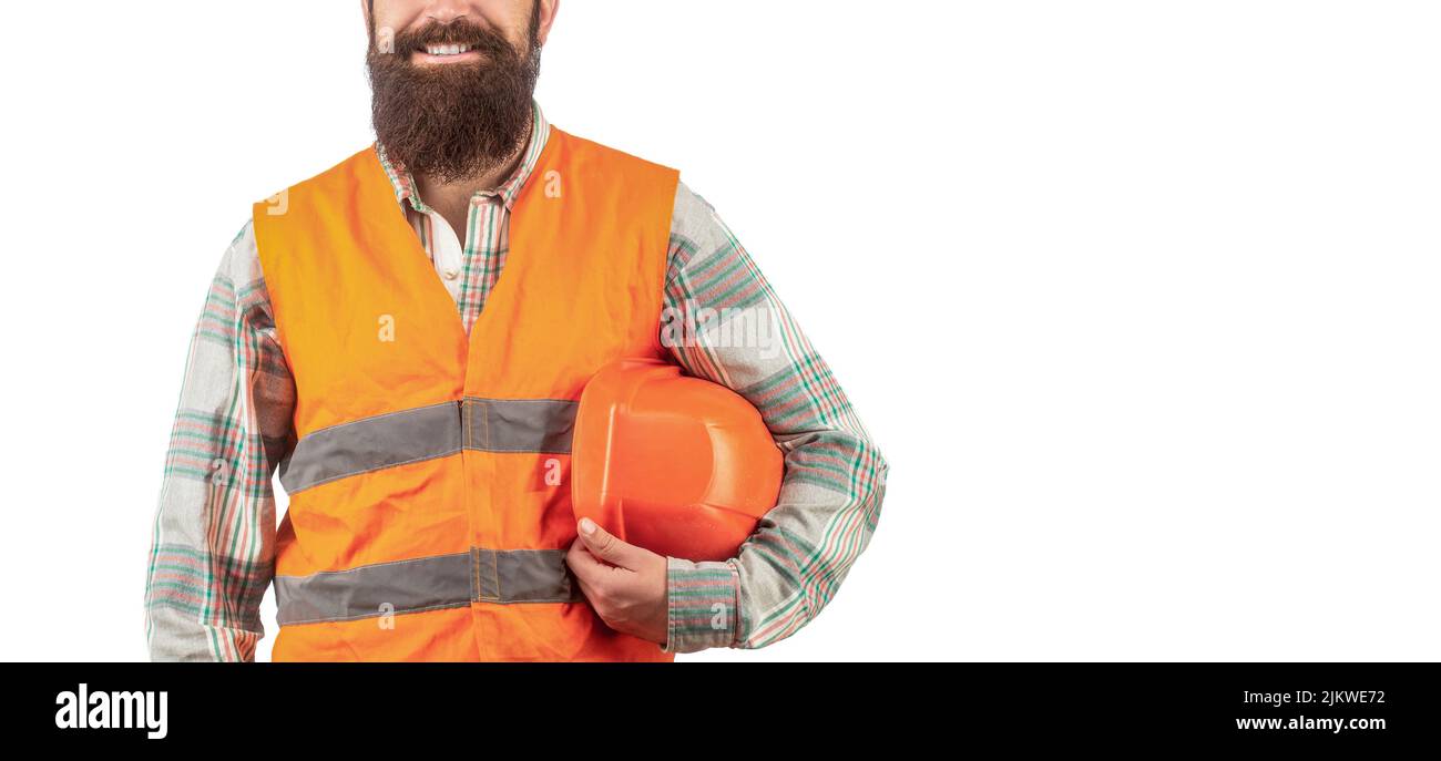 Portrait d'un constructeur souriant. Ouvrier en uniforme de construction. Constructeurs d'hommes, industrie Banque D'Images