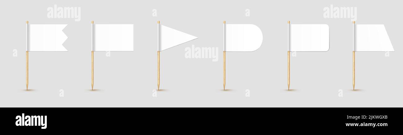 Drapeaux de cure-dents isolés sur bâton de bois avec papier blanc. Petit choix de dents réaliste pour le déjeuner. Décoration de cocktail Vector. Illustration de Vecteur