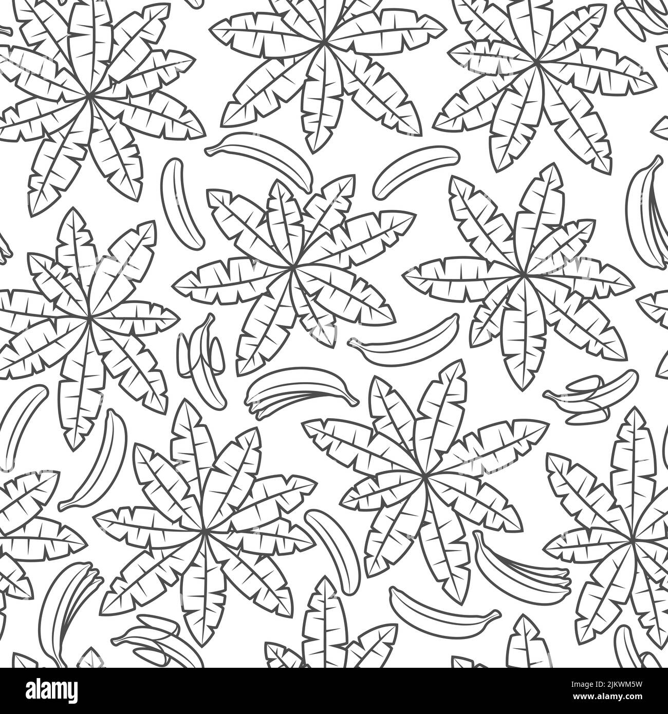 Motif sans couture avec paume et bananes noires et blanches. Arrière-plan vectoriel tropical avec objets isolés sur fond blanc. Illustration de Vecteur