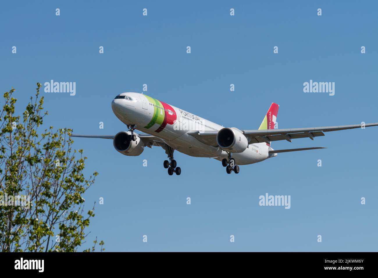 L'Airbus A330-941 de la compagnie AÉRIENNE TAP Air Portugal à l'approche de la piste à l'aéroport de Lisbonne Banque D'Images