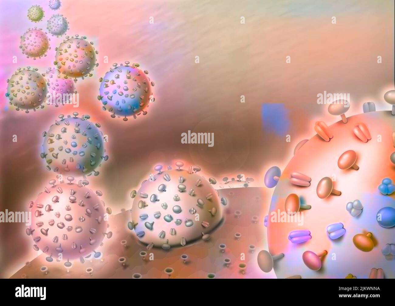 Invasion virale : les virus se fixent à la surface de la cellule hôte. Banque D'Images