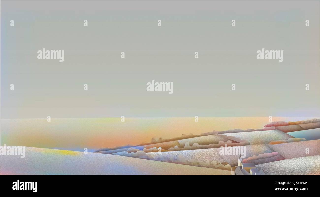 Représentation de style naïf d'un paysage de campagne avec son petit village. Banque D'Images