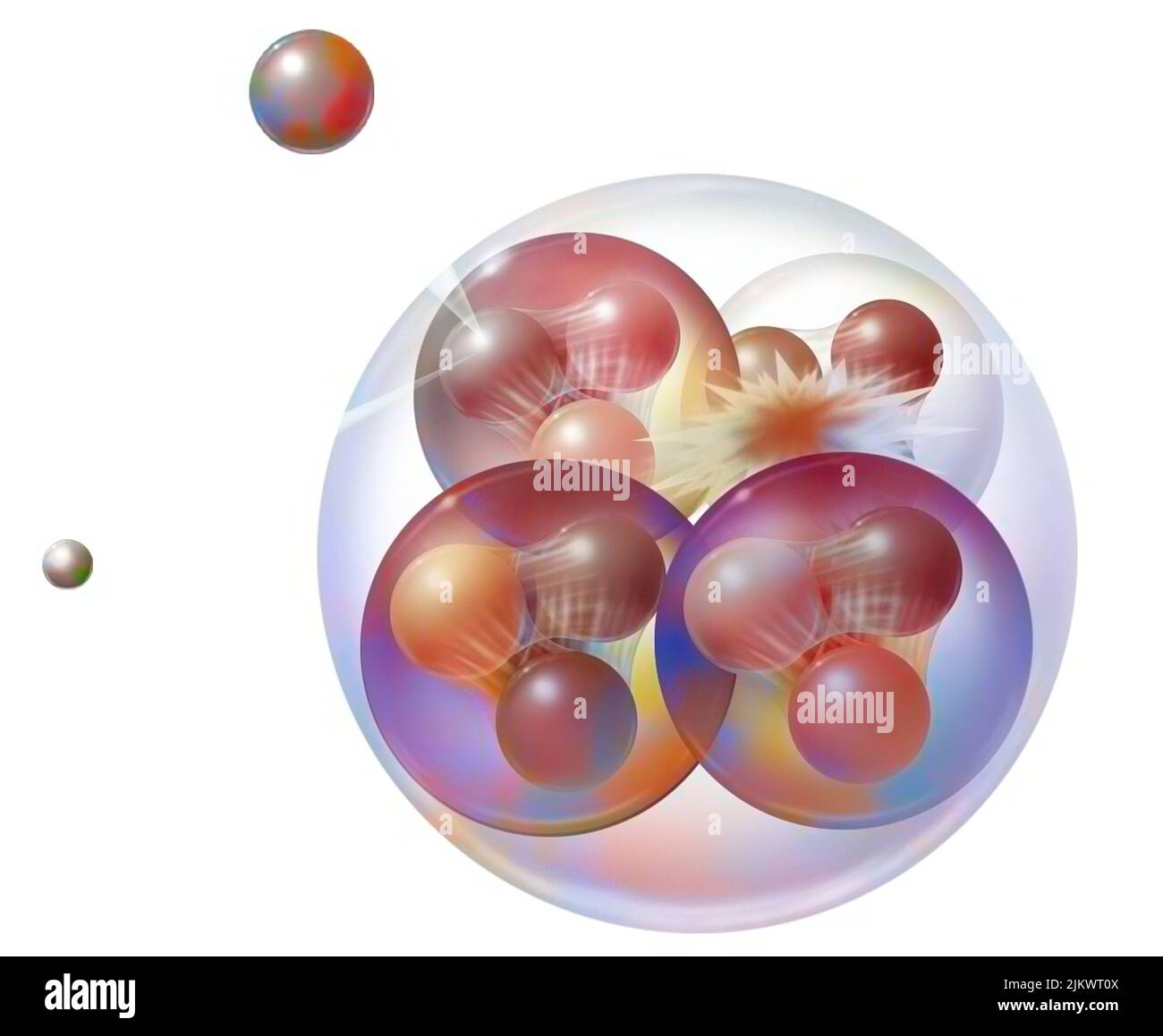 Physique quantique : noyau composé de 2 neutrons et 2 protons. Banque D'Images