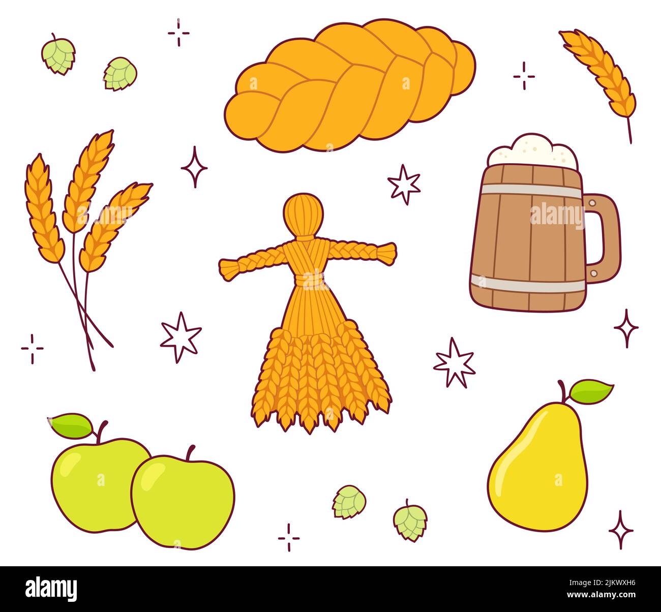 Lughnasadh (Lammas) fête traditionnelle de la moisson ensemble de caniche. Pain, bière, fruits, dolly de maïs de blé. Dessin mignon de dessin animé, dessin vectoriel de clip I Illustration de Vecteur