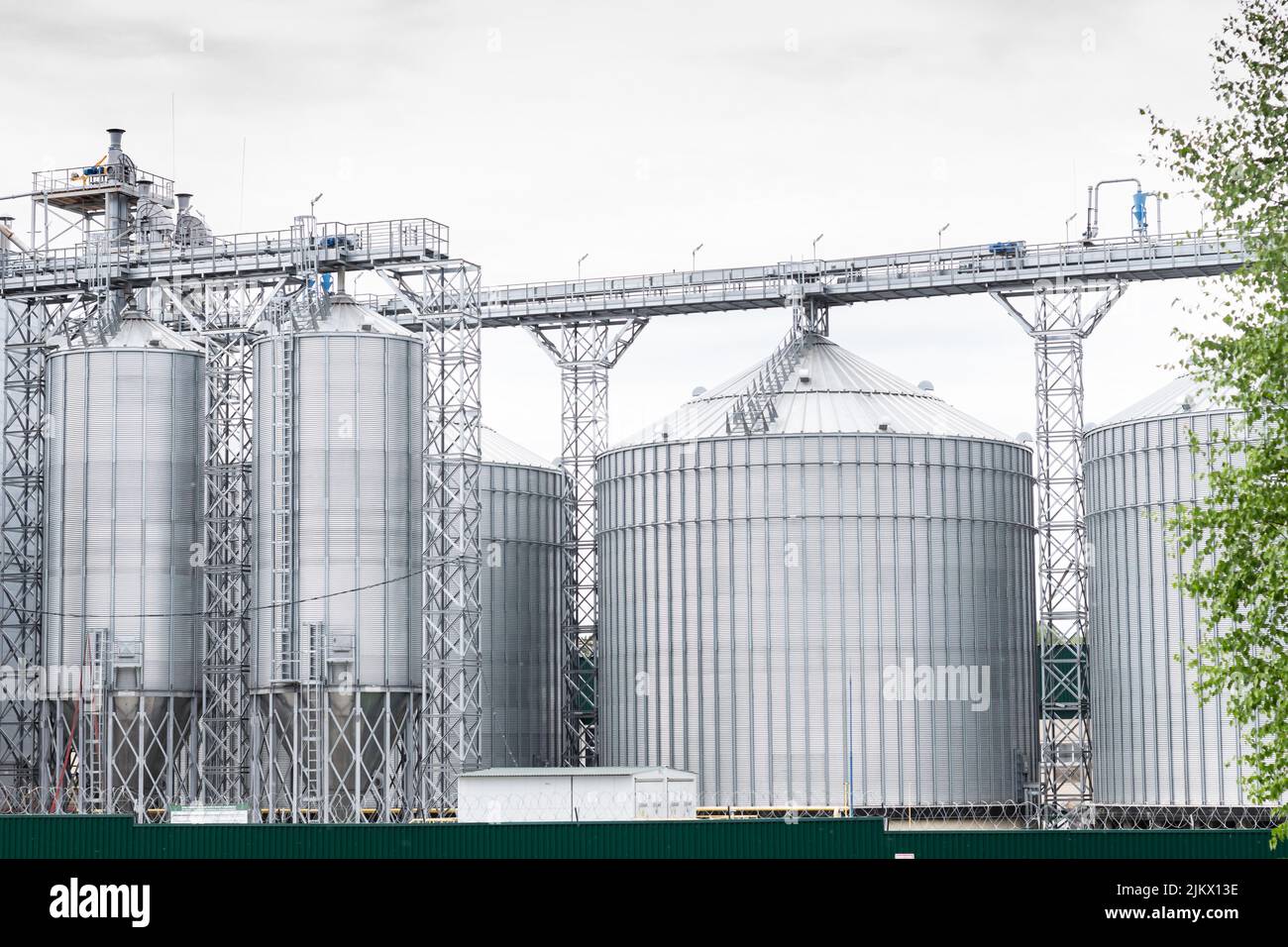 Grenaille horizontale usine d'extraction d'huile, avec espace de copie, bouleau vert frais comme cadre. Réservoir, stockage, réservoir d'huile. Ciel couvert au-dessus de l'usine, sel Banque D'Images