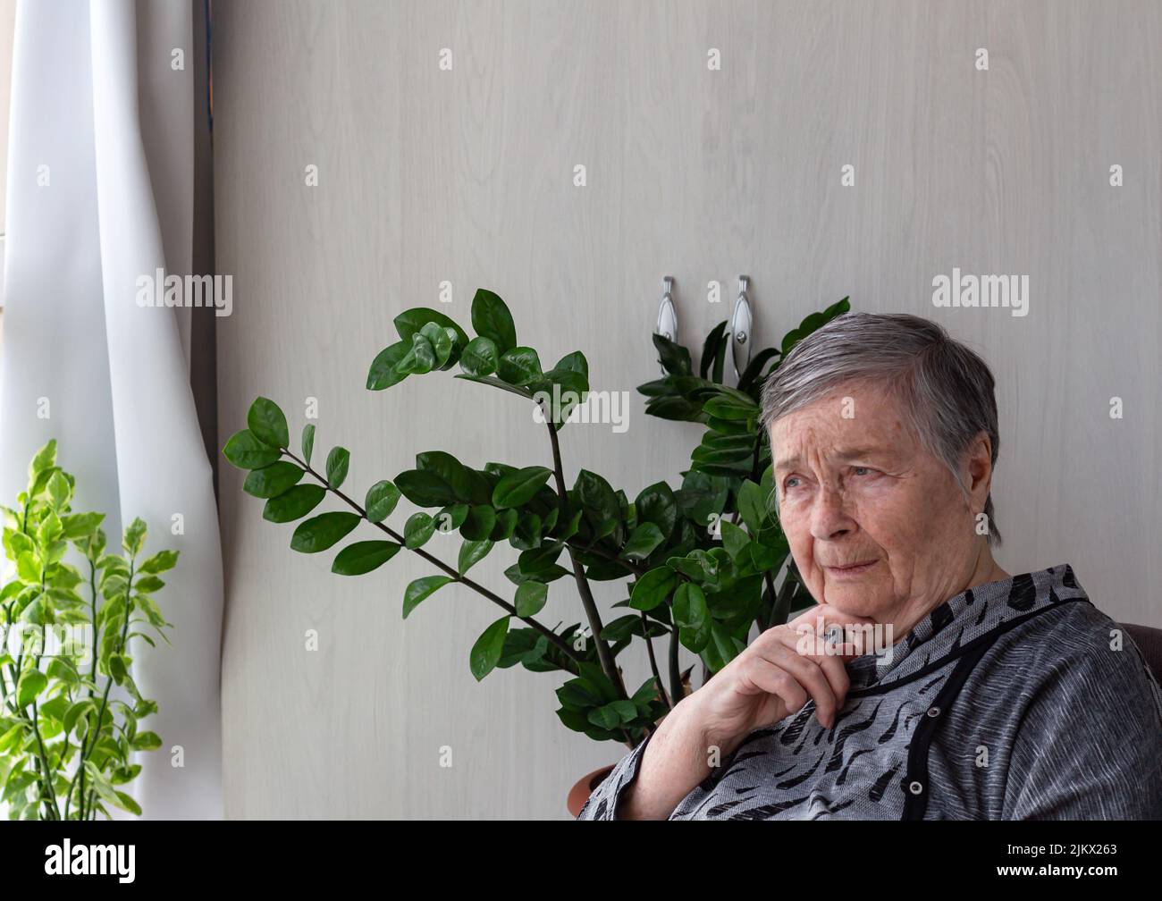 femme âgée dans des pensées profondes et tristes. Elle pleure presque, pensionnée solitaire âgée en dépression, solitude, avec espace de copie, foyer sélectif. Global Banque D'Images