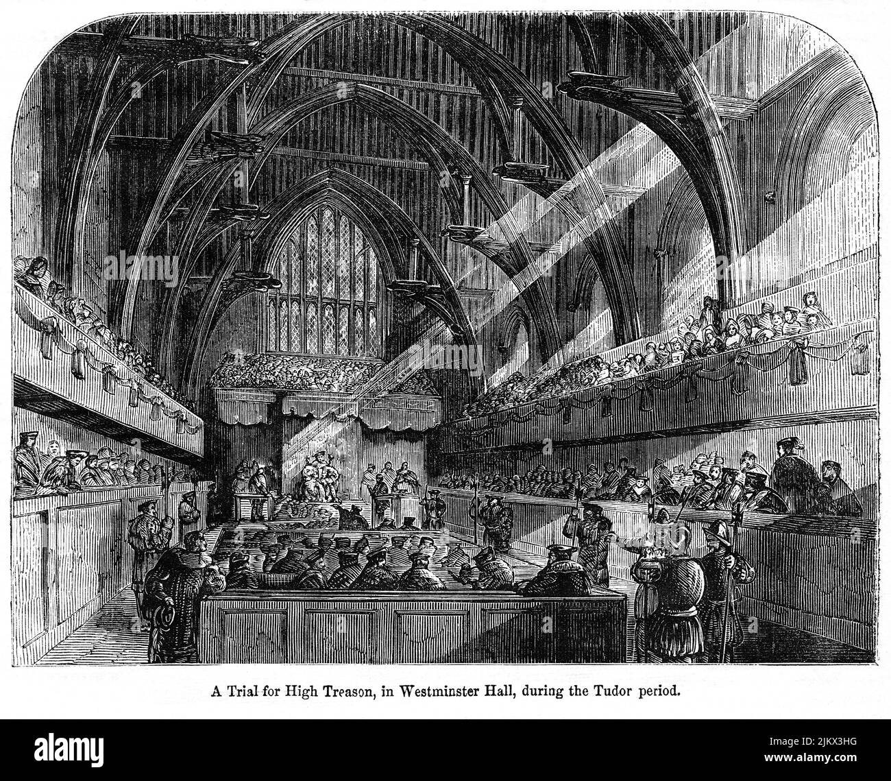 Un procès pour haute trahison, à Westminster Hall, pendant la période Tudor, Illustration du livre, « John Cassel's Illustrated History of England, Volume II », texte de William Howitt, Cassell, Petter, et Galpin, Londres, 1858 Banque D'Images