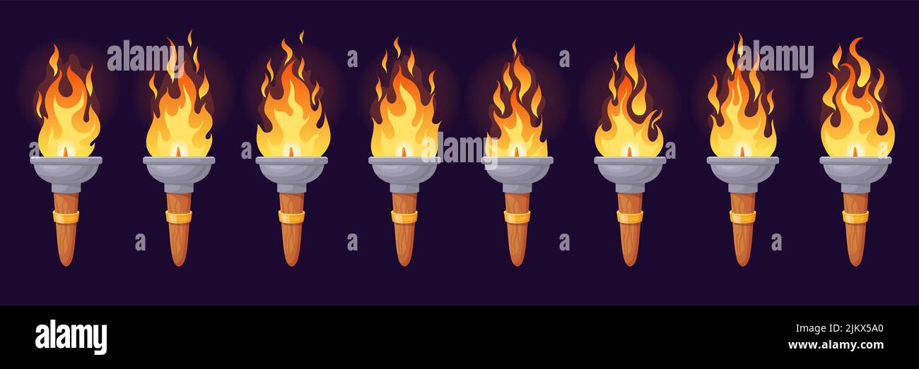 Animation de la torche. Marque de feu animée, bougie ancienne flamme ou pilier de plage de feu de camp médiéval, dessin animé flamme d'étincelle 2D séquence boucle effet magique lumière brûlante, illustration vectorielle de flamme d'animation de feu Illustration de Vecteur