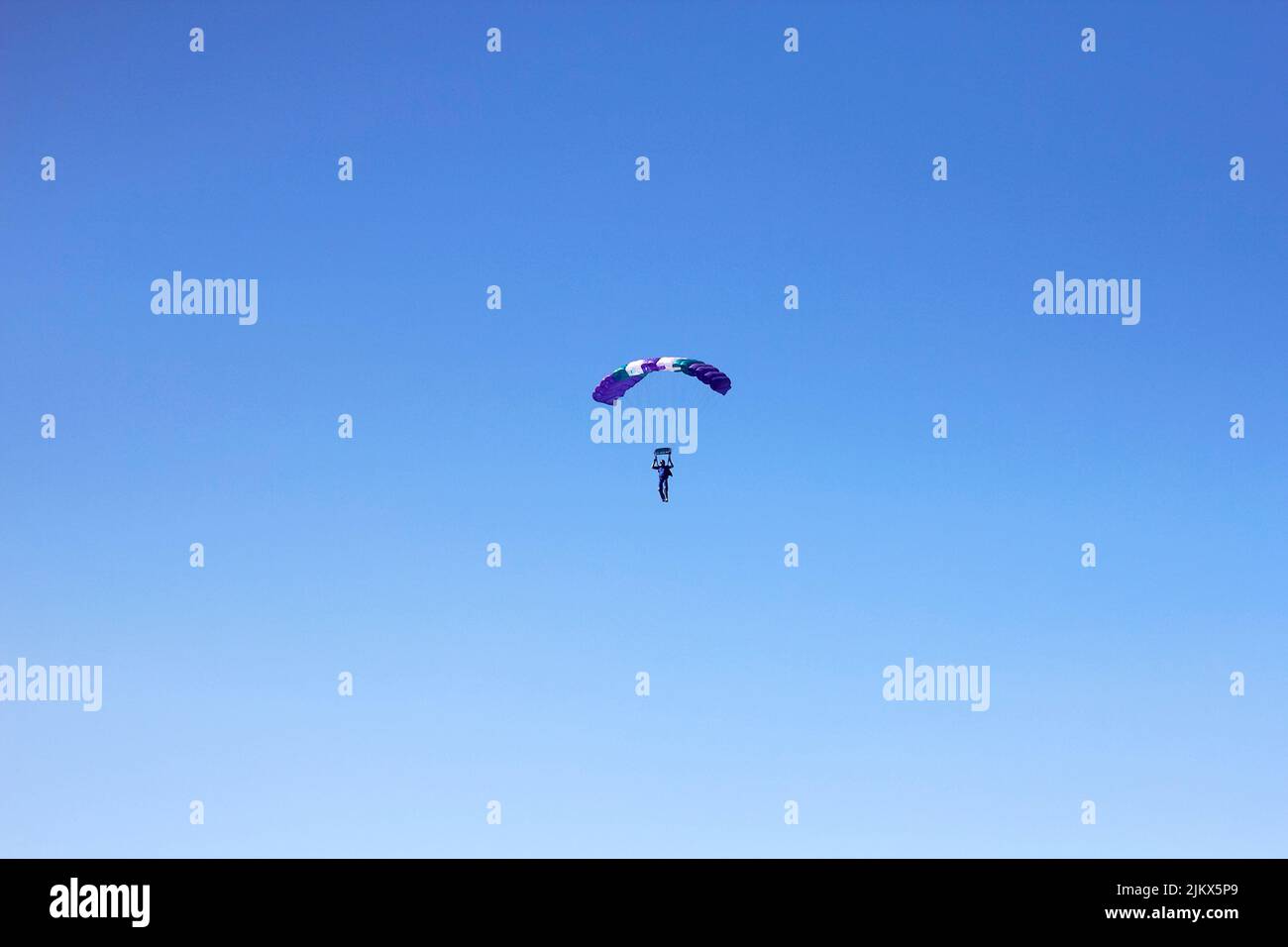 Vol d'un parachutiste expérimenté avec un parachute professionnel dans le ciel bleu, orientation et atterrissage sur précision Banque D'Images