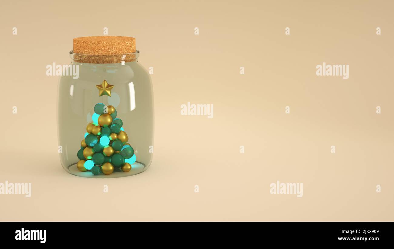 Un petit arbre de Noël à l'intérieur d'un pot en verre avec un espace pour le texte isolé sur un fond rose Banque D'Images