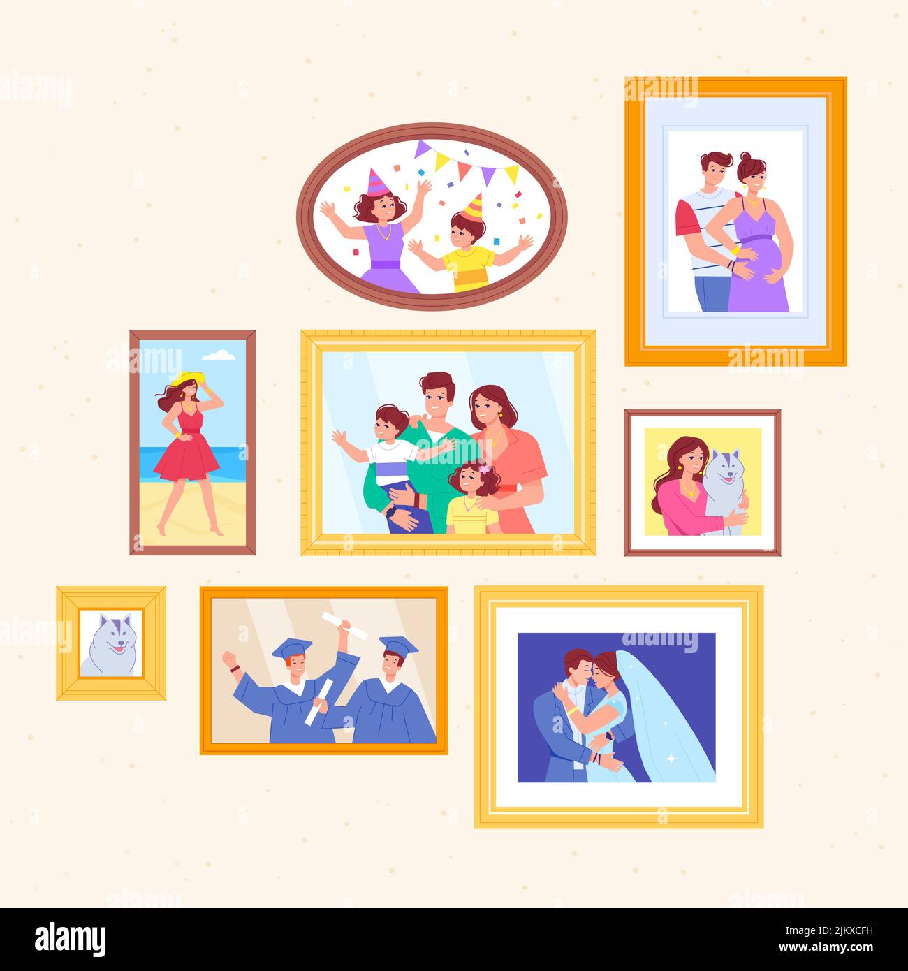 Photos de famille. Photos de famille dans le cadre sur le mur, mémoire photos générations portraits moments heureux nostalgiques souvenirs mariage affection personnes plat Swanky illustration vectorielle de la famille de portrait Illustration de Vecteur