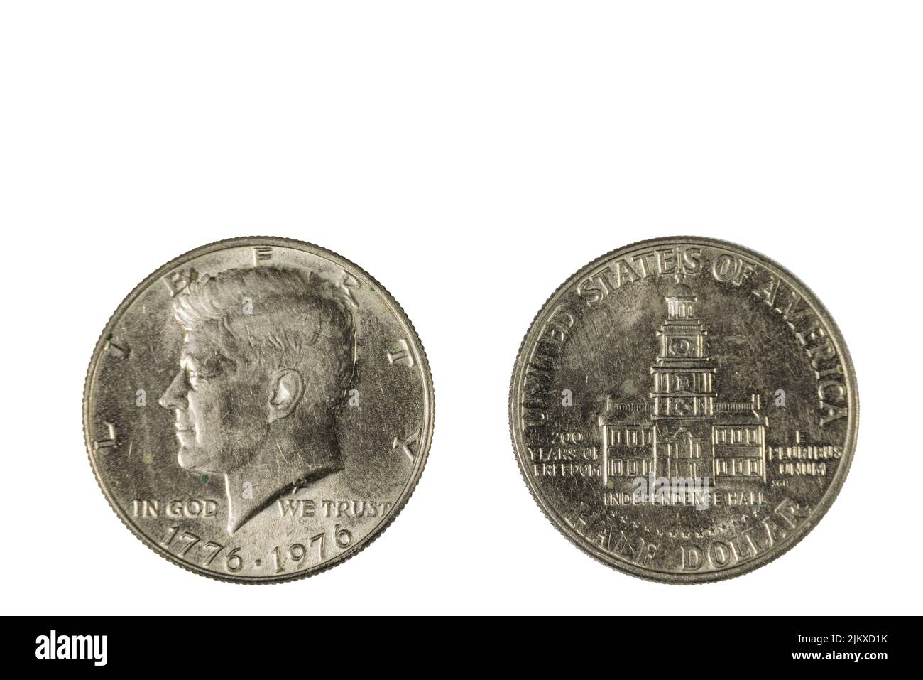 Vue rapprochée de l'avant et de l'arrière d'une pièce de la moitié du dollar américain datée du 1776-1976. Concept numismatique. Banque D'Images